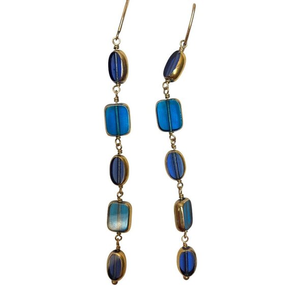 Long Blue Gold Dangle Earrings Clear Glass Ovals Rectangles Statement Elegant - Picture 2 of 6